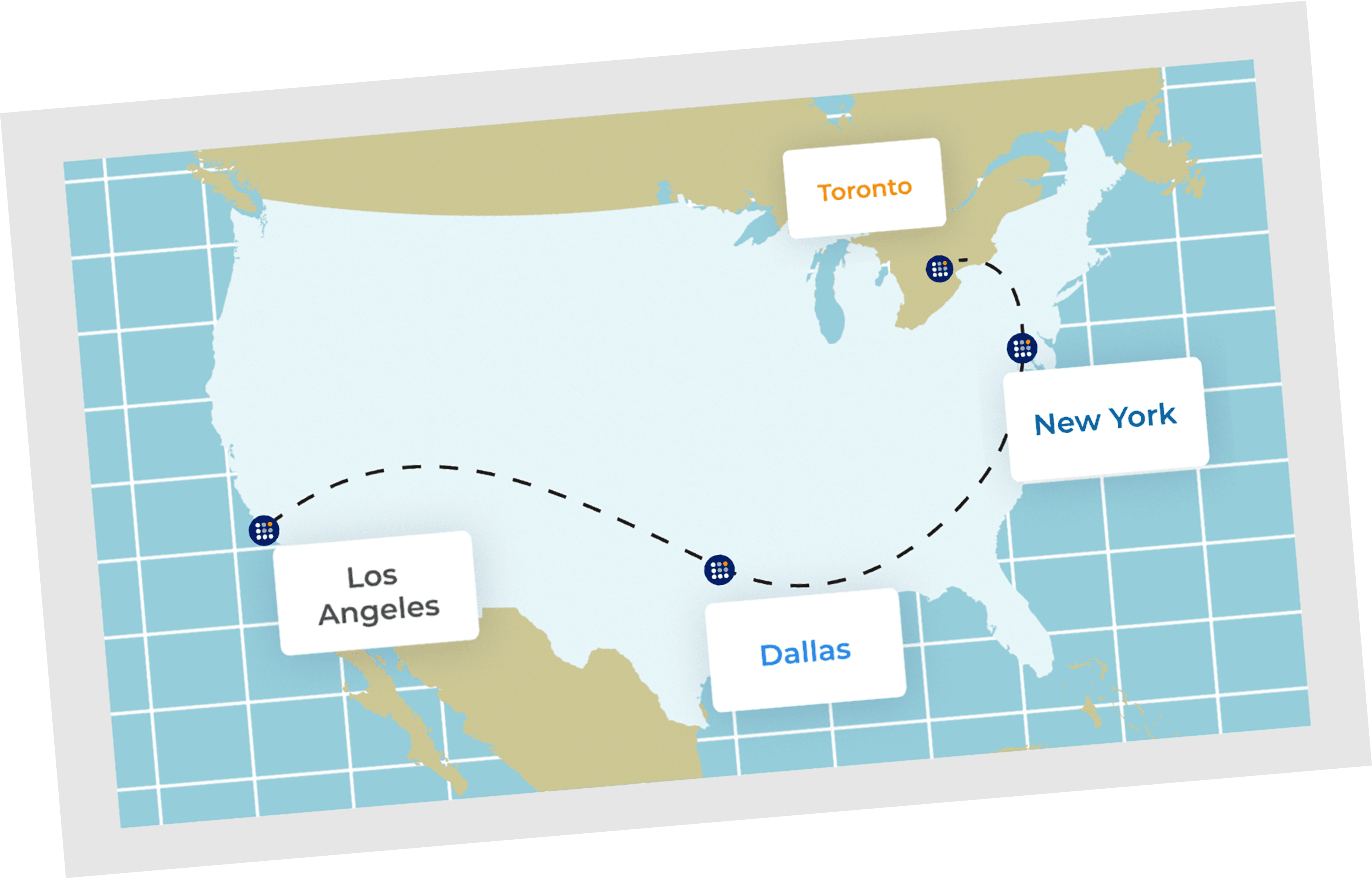 Paper Map - Los Angeles, Dallas, New York, Toronto